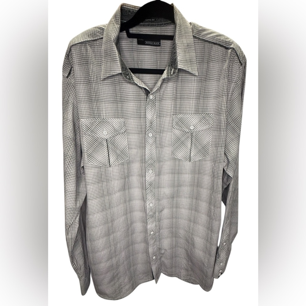 BUCKLE BLACK Men’s button up plaid dress shirt XXL Contrast cuff Athletic Fit